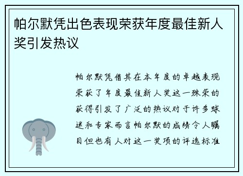 帕尔默凭出色表现荣获年度最佳新人奖引发热议